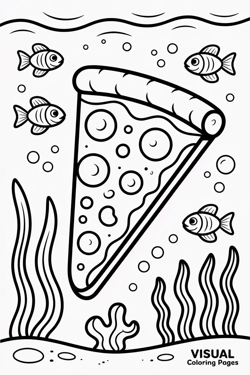 pizza slice underwater with fish bubbles and seaweed