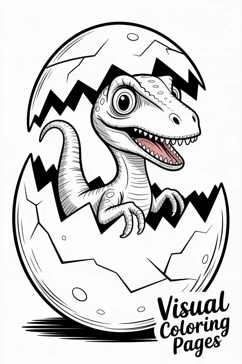 playful velociraptor hatching from a giant egg