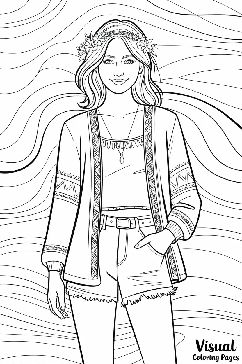 pretty hippie woman holding a beverage coloring sheet