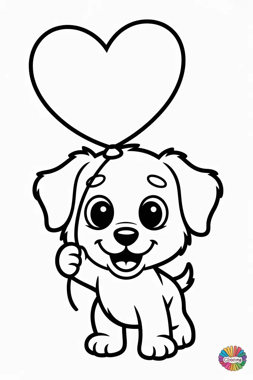 puppy holding a balloon shaped like a heart