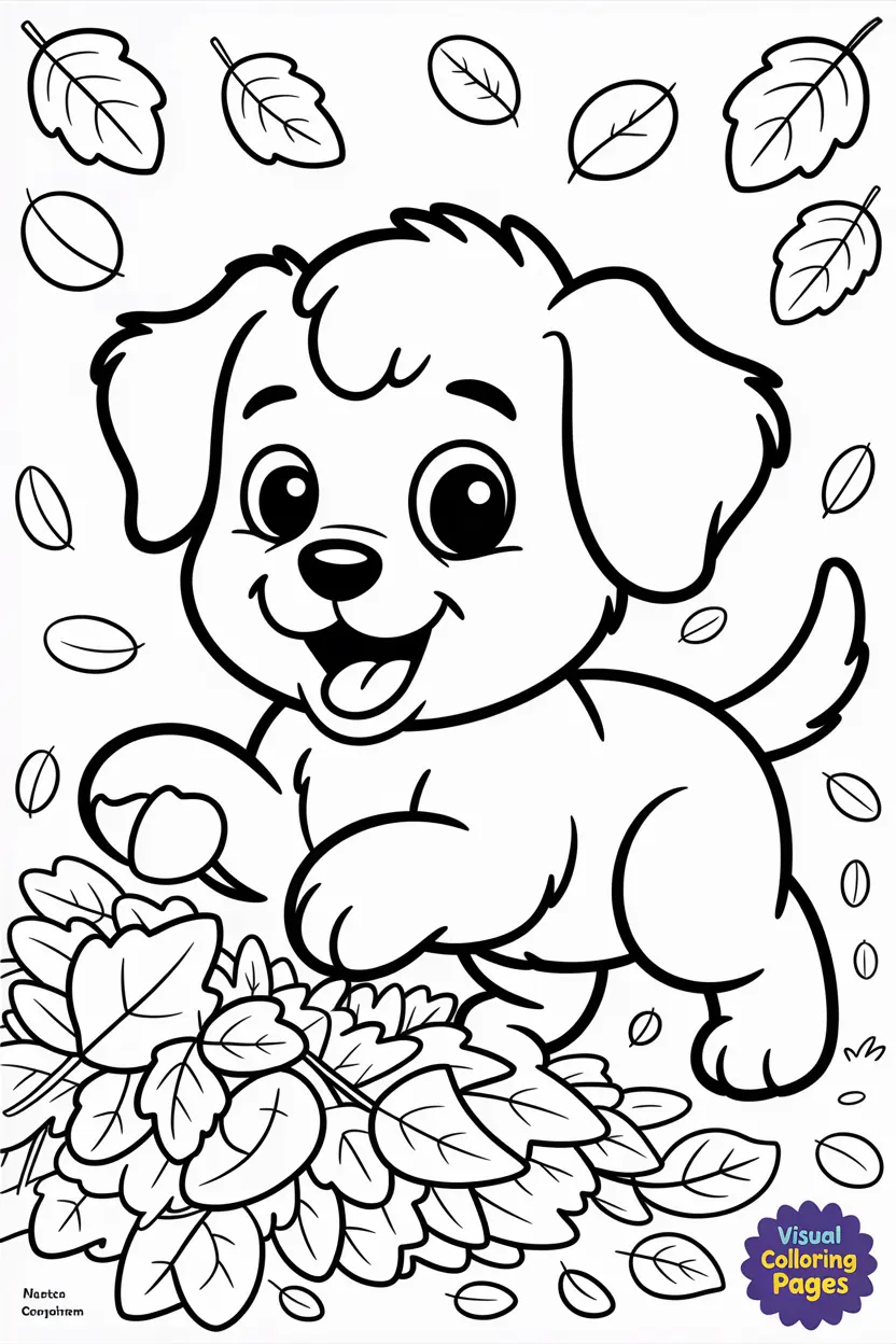 puppy playing in a pile of autumn leaves