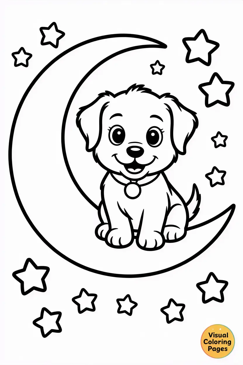 puppy sitting on a crescent moon with stars