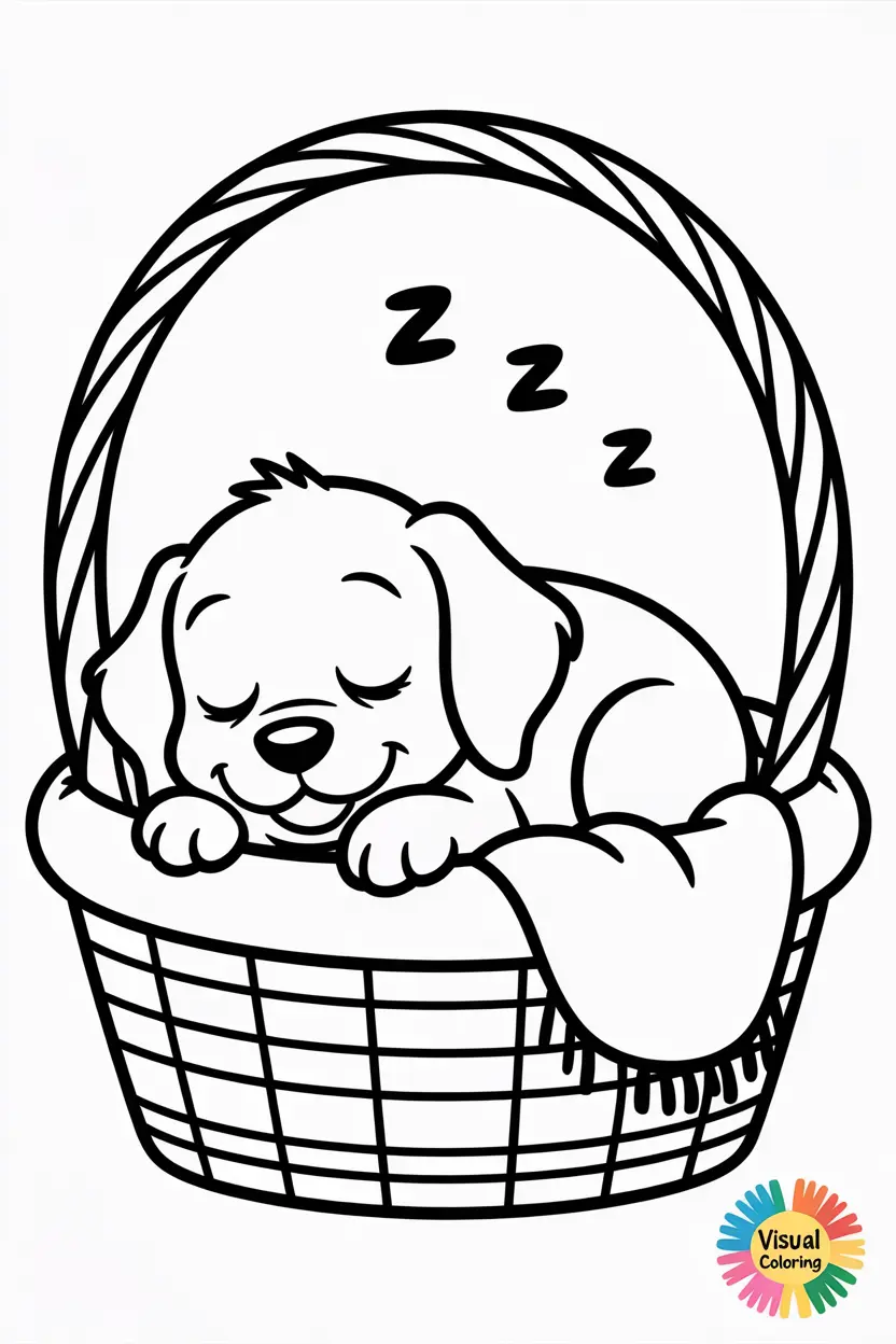 puppy sleeping in a basket with a blanket