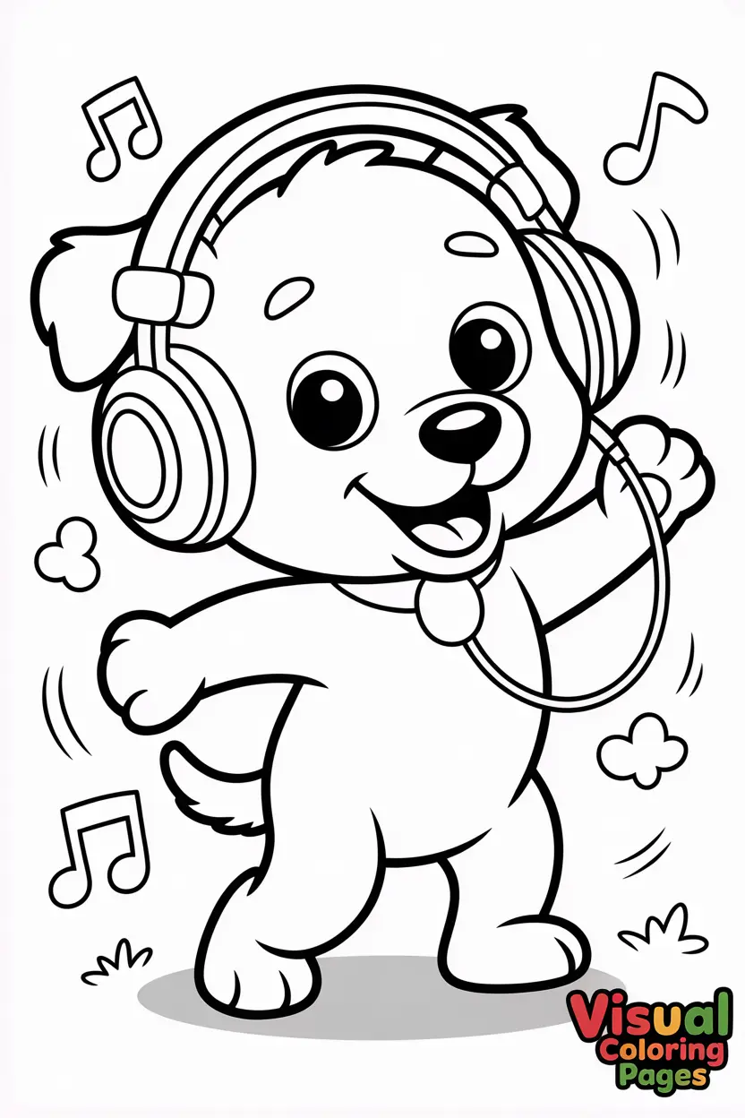 puppy wearing headphones and dancing