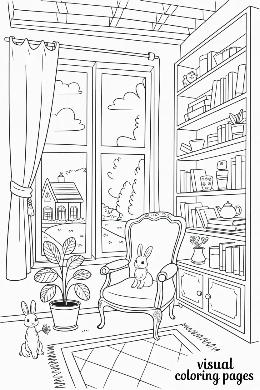 rabbits lounging in the living room cottagecore aesthetic coloring sheet