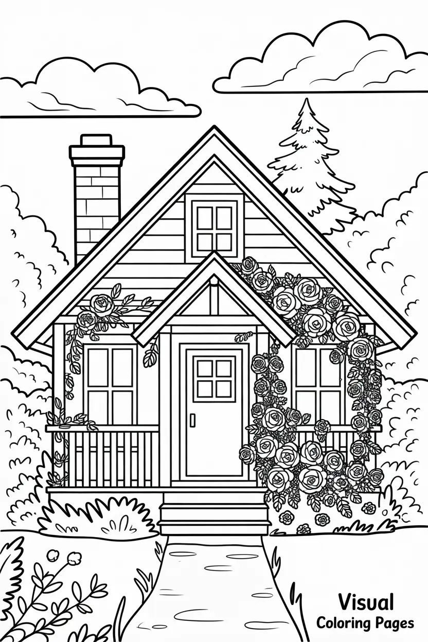 realistic cottage in front of a pond coloring page