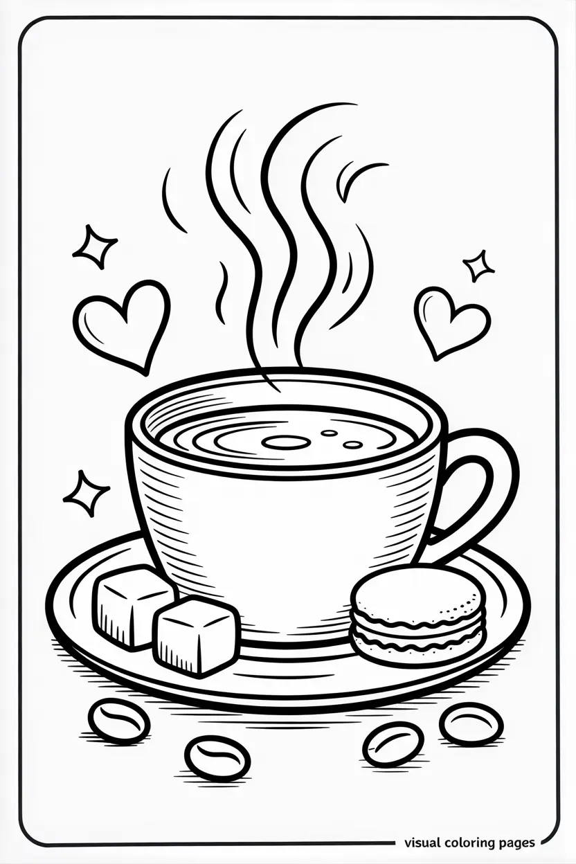 realistic cup of coffee with maracon sugar cubes and beans coloring sheet