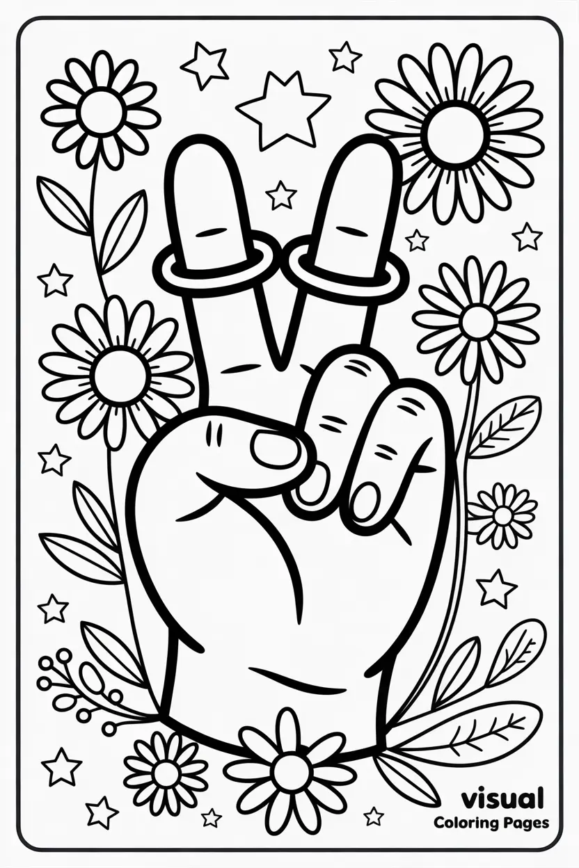 realistic hand making peace sign while covered in flowers