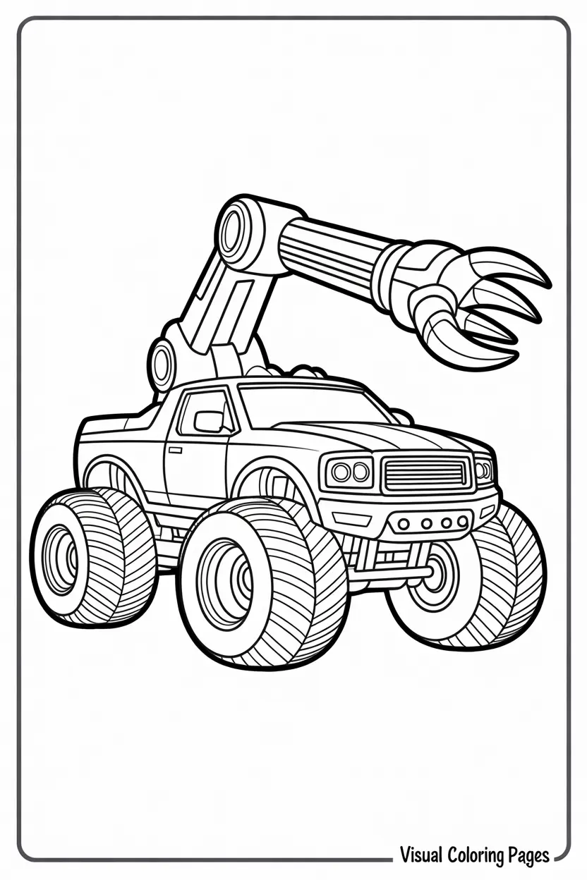 realistic monster truck with excavator claw coloring page