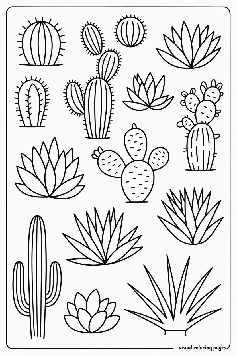 realistic succulent with cactus coloring page