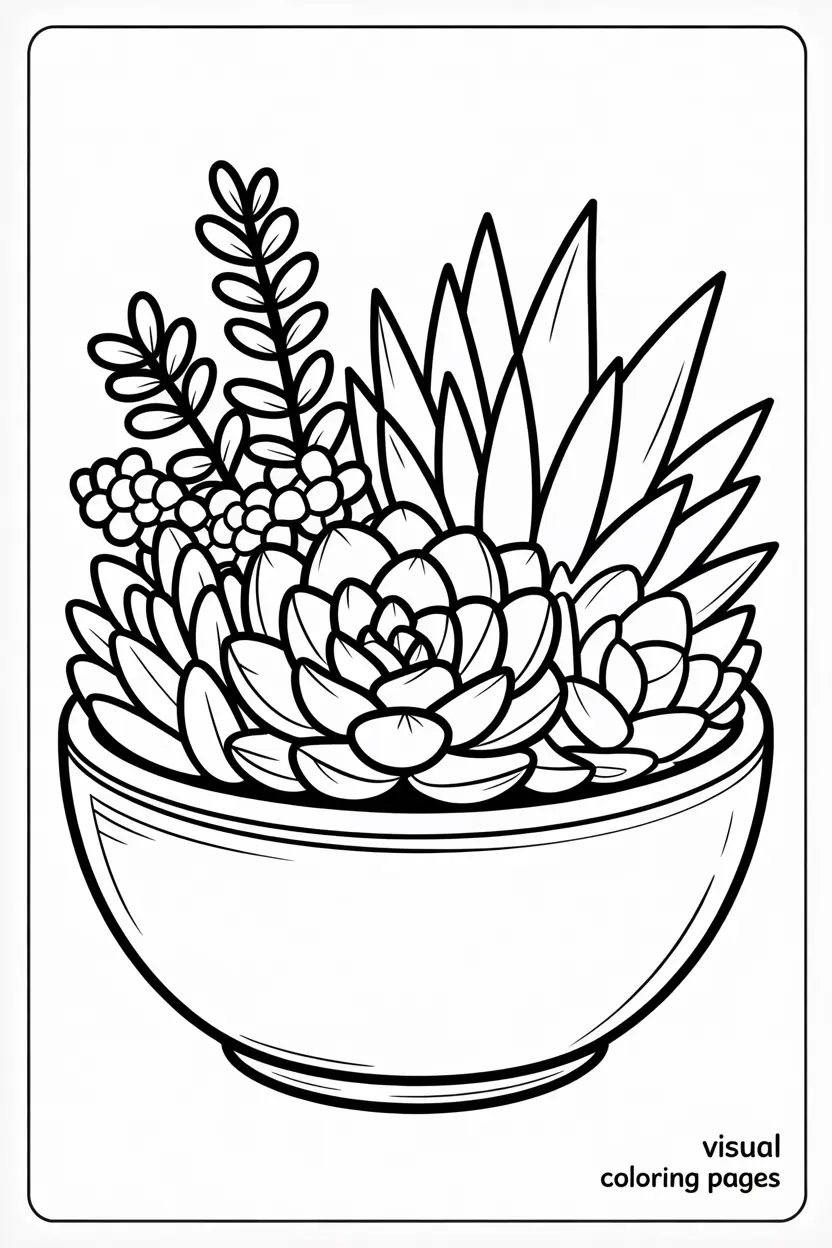 realistic succulents in a flower pot coloring page