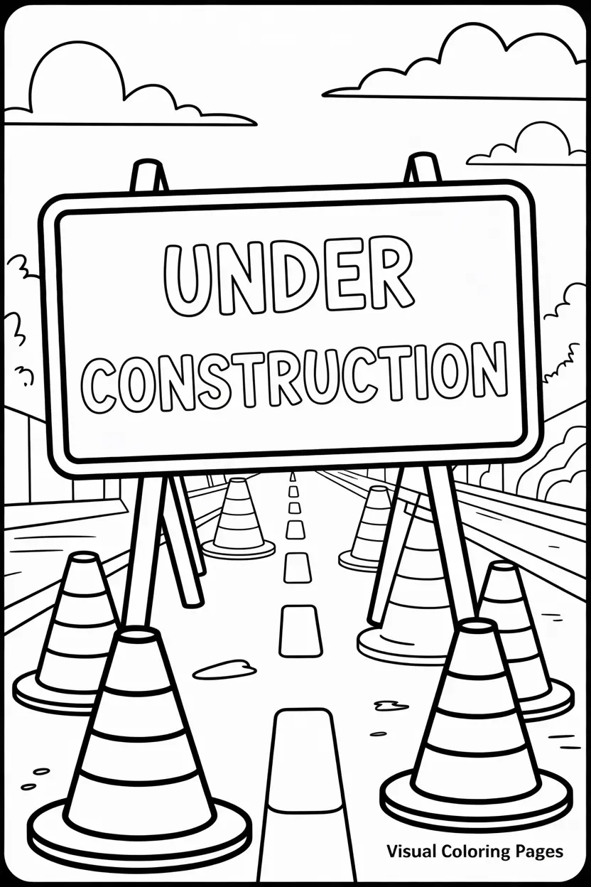 road construction scene with traffic cones and a big under construction sign