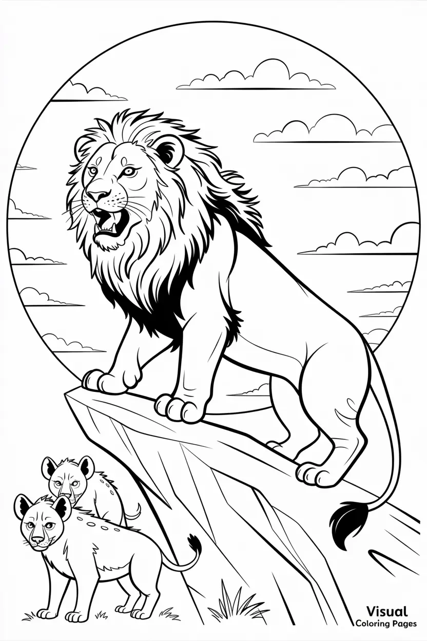 scar on cliff with hyenas coloring sheet