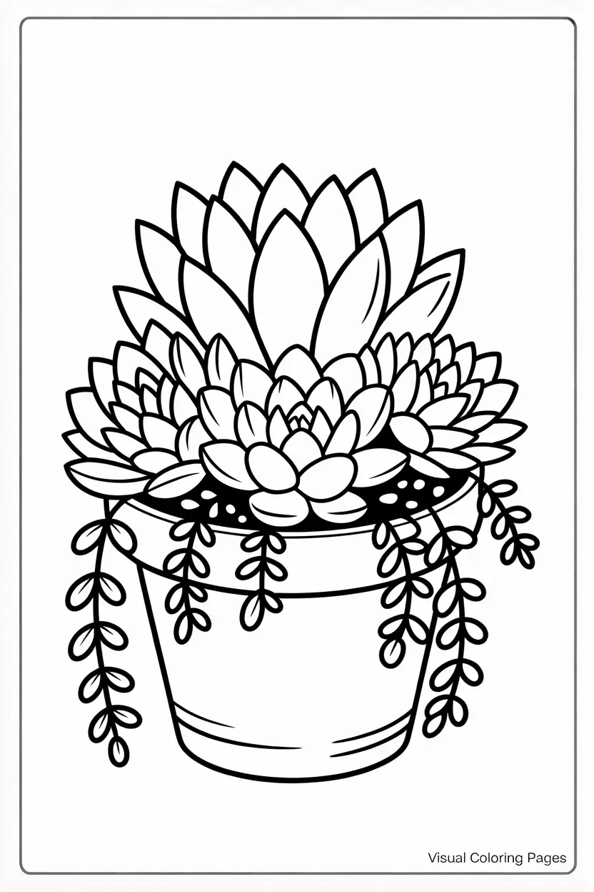 simple succulents in a round flower pot coloring page for kids