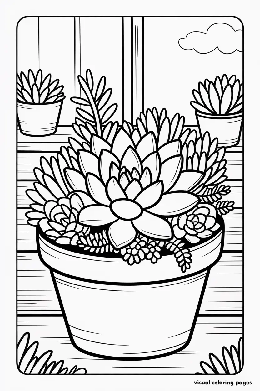 simple succulents pot coloring page for kids