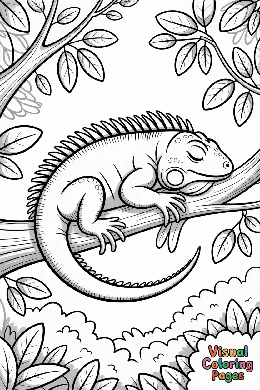 sleeping iguana curled on a tree branch