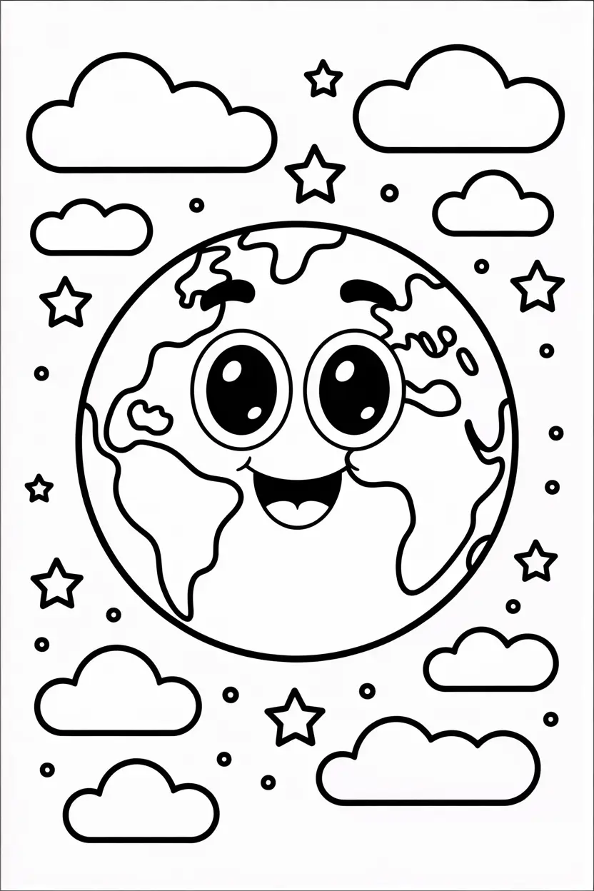 smiling Earth with big cartoon eyes surrounded by stars and clouds