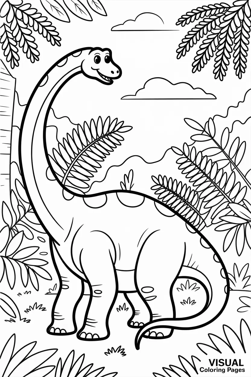 smiling brachiosaurus in a prehistoric jungle with ferns