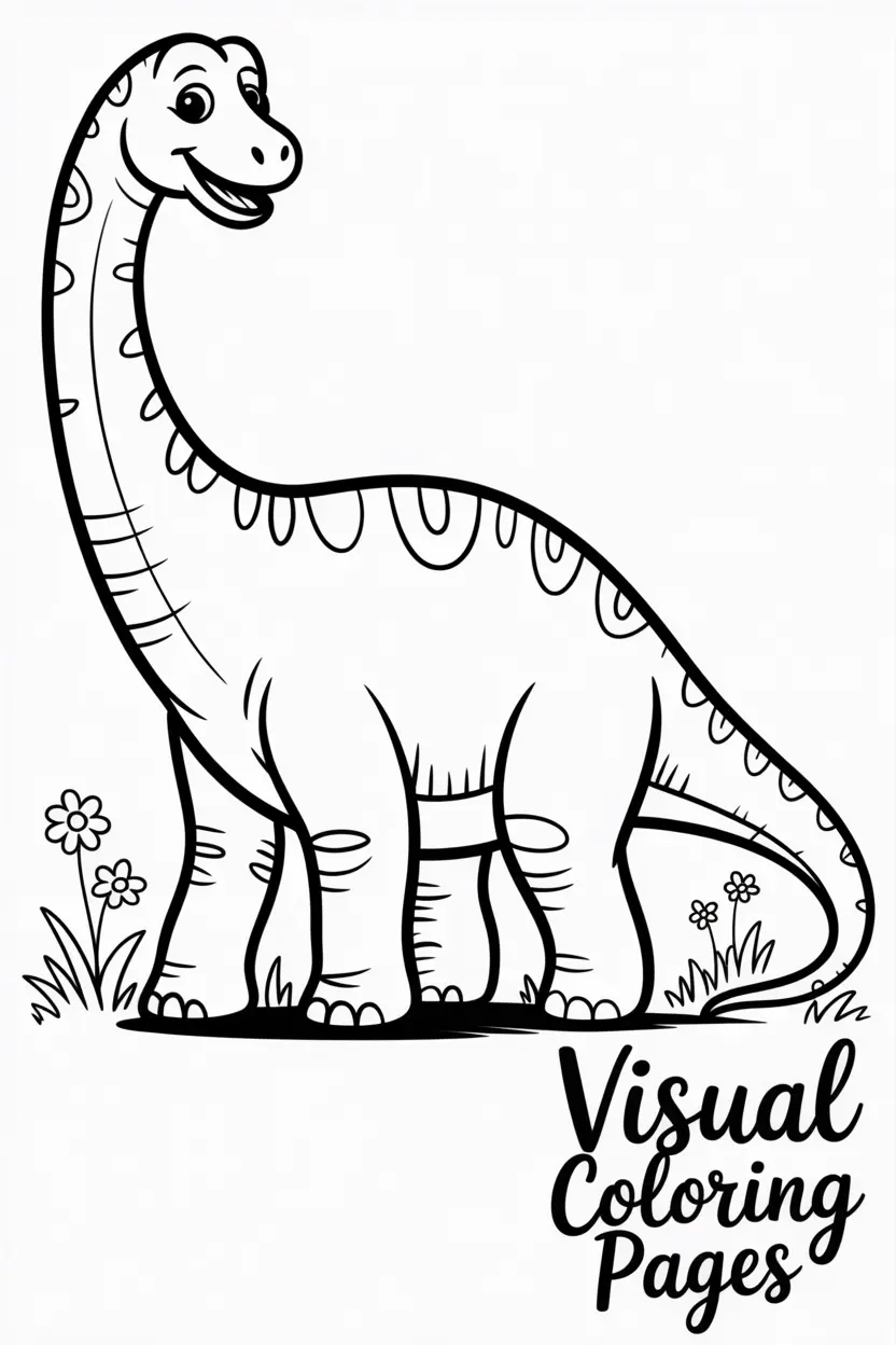 smiling brachiosaurus standing in a grassy field with flowers