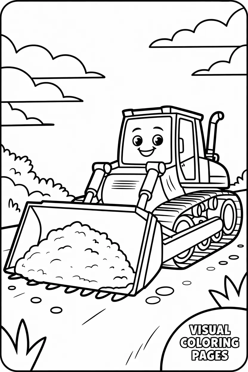 smiling bulldozer pushing a pile of dirt