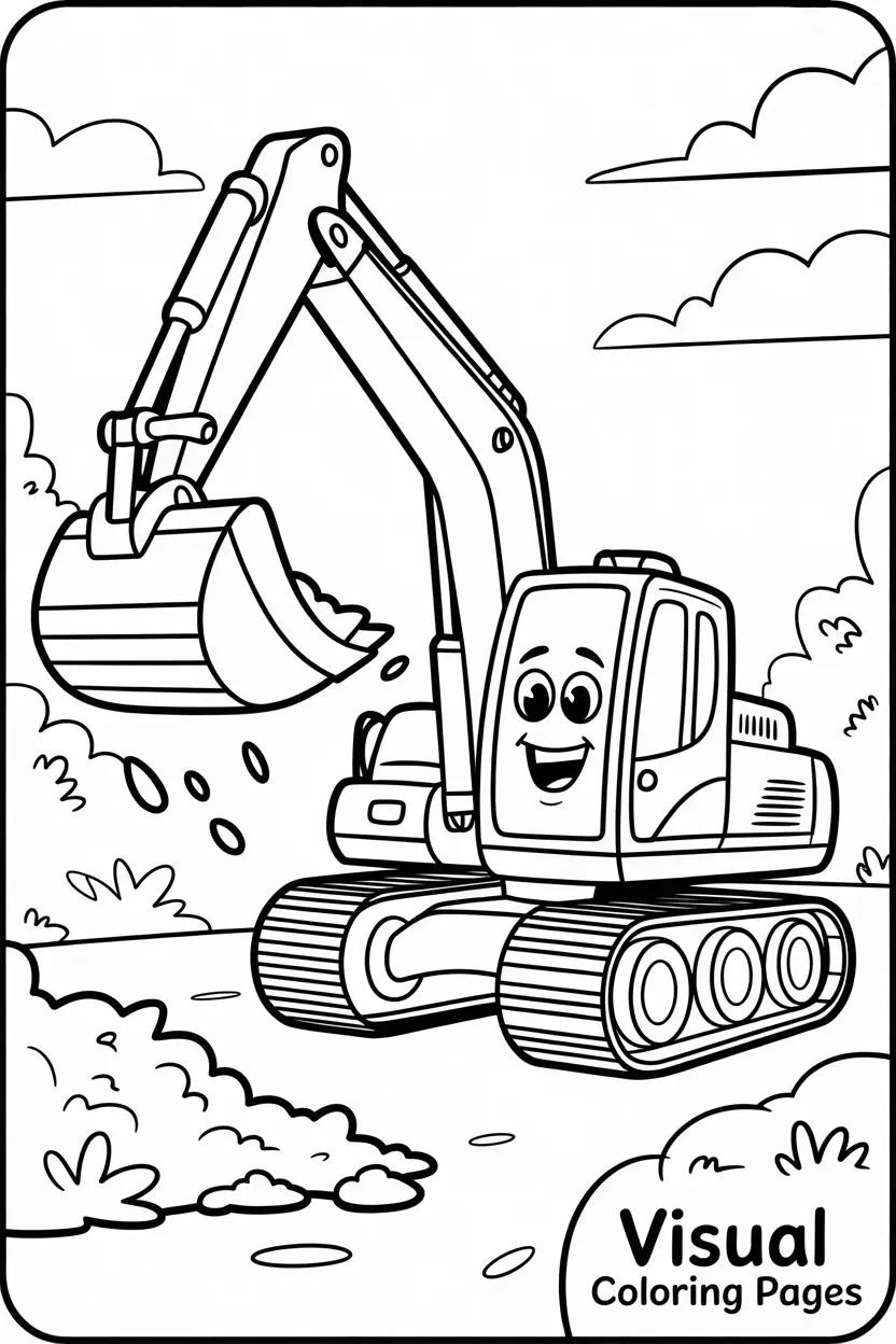 smiling excavator scooping dirt