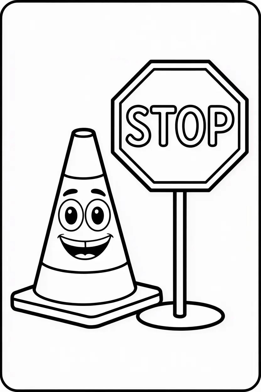 smiling traffic cone and stop sign standing together