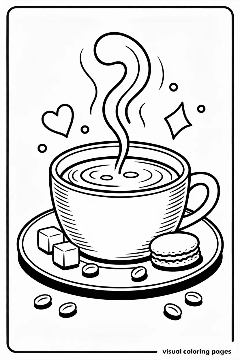 steaming coffee art with pieces of chocolate coloring page