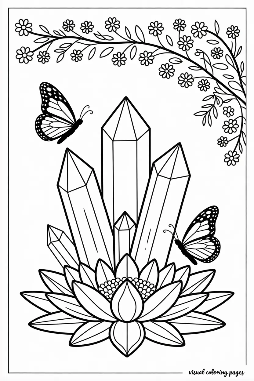 sunflower surrounded by crystals and butterflies