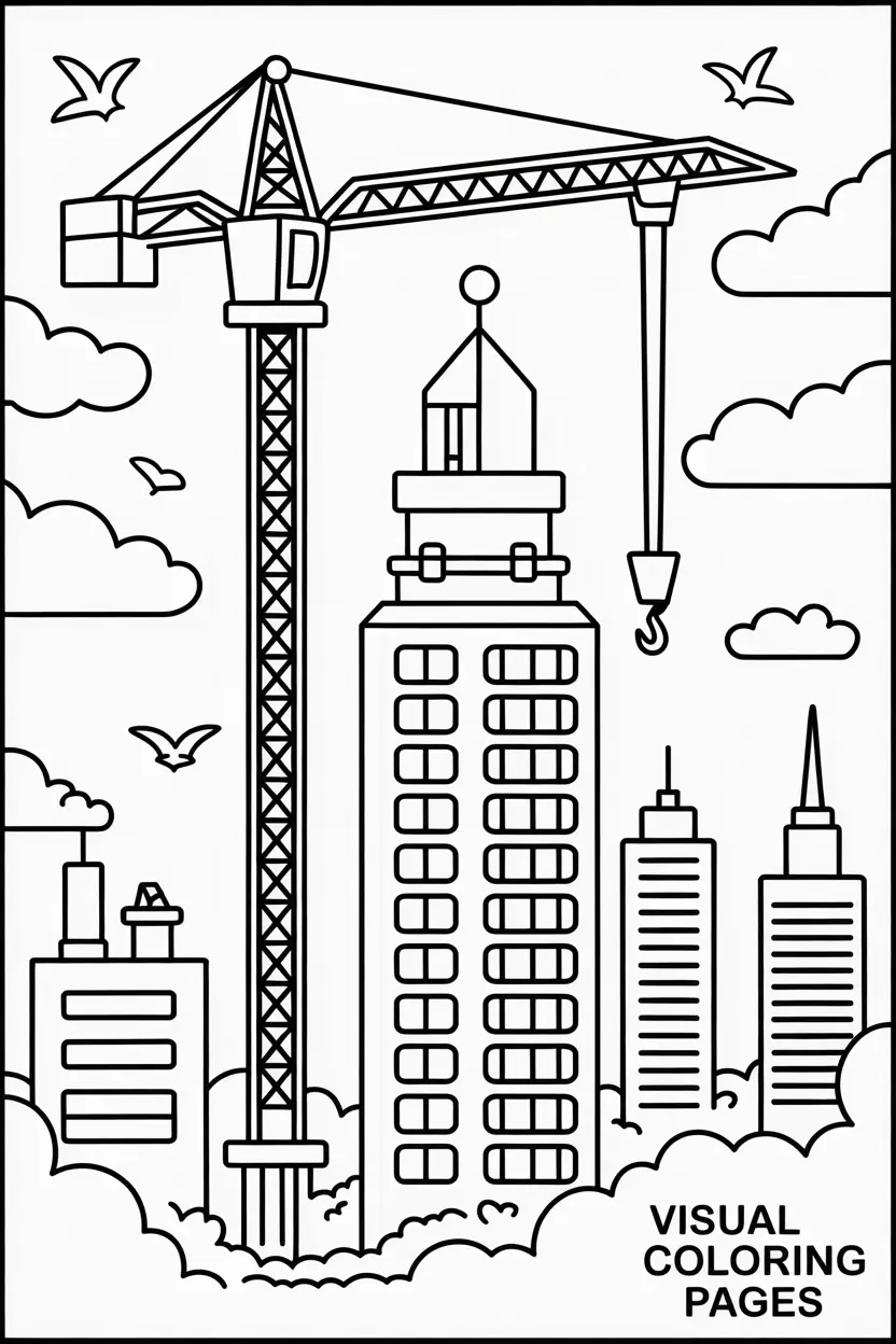 tall crane building a skyscraper with clouds and birds in the sky