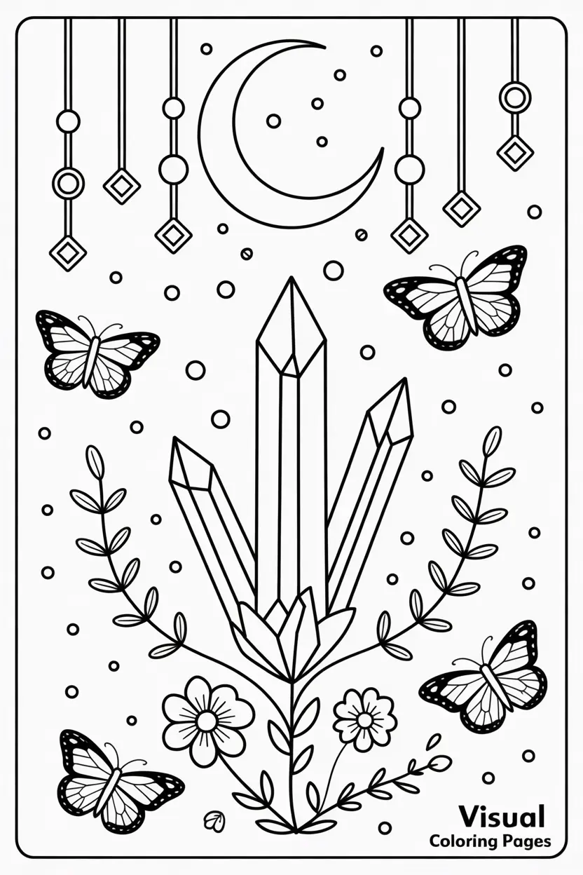 three large crystals with flowers coloring sheet for kids