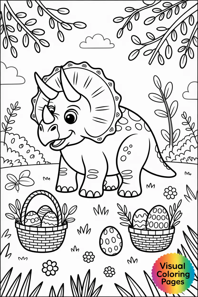 triceratops coloring Easter eggs with baskets of flowers