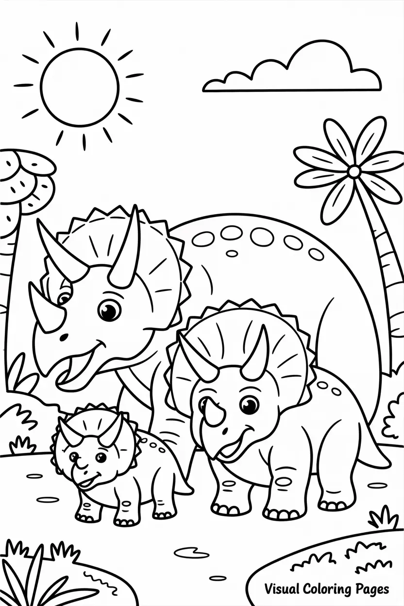 triceratops family mom dad baby walking together under the sun