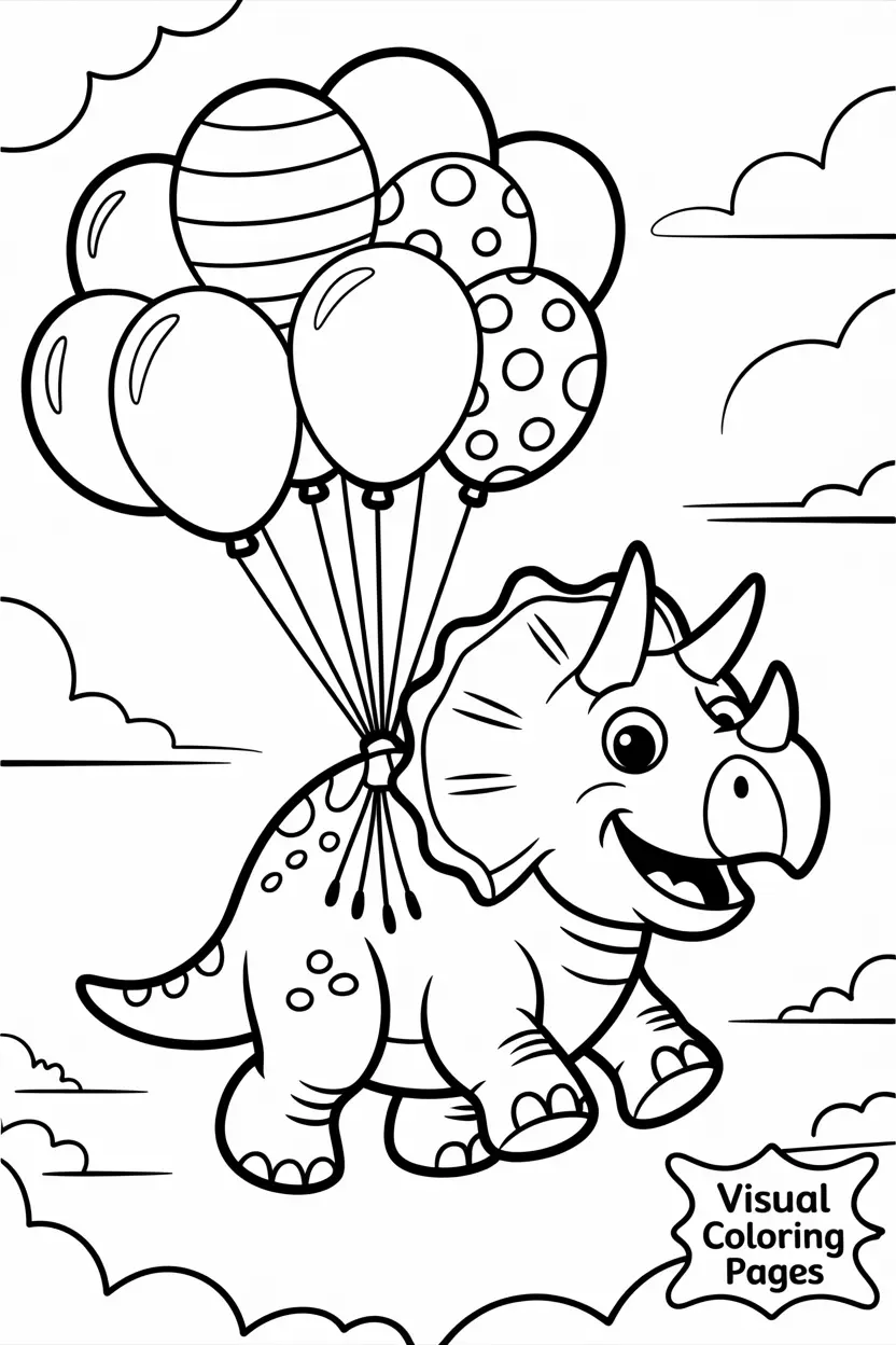 triceratops floating with balloons tied to its back