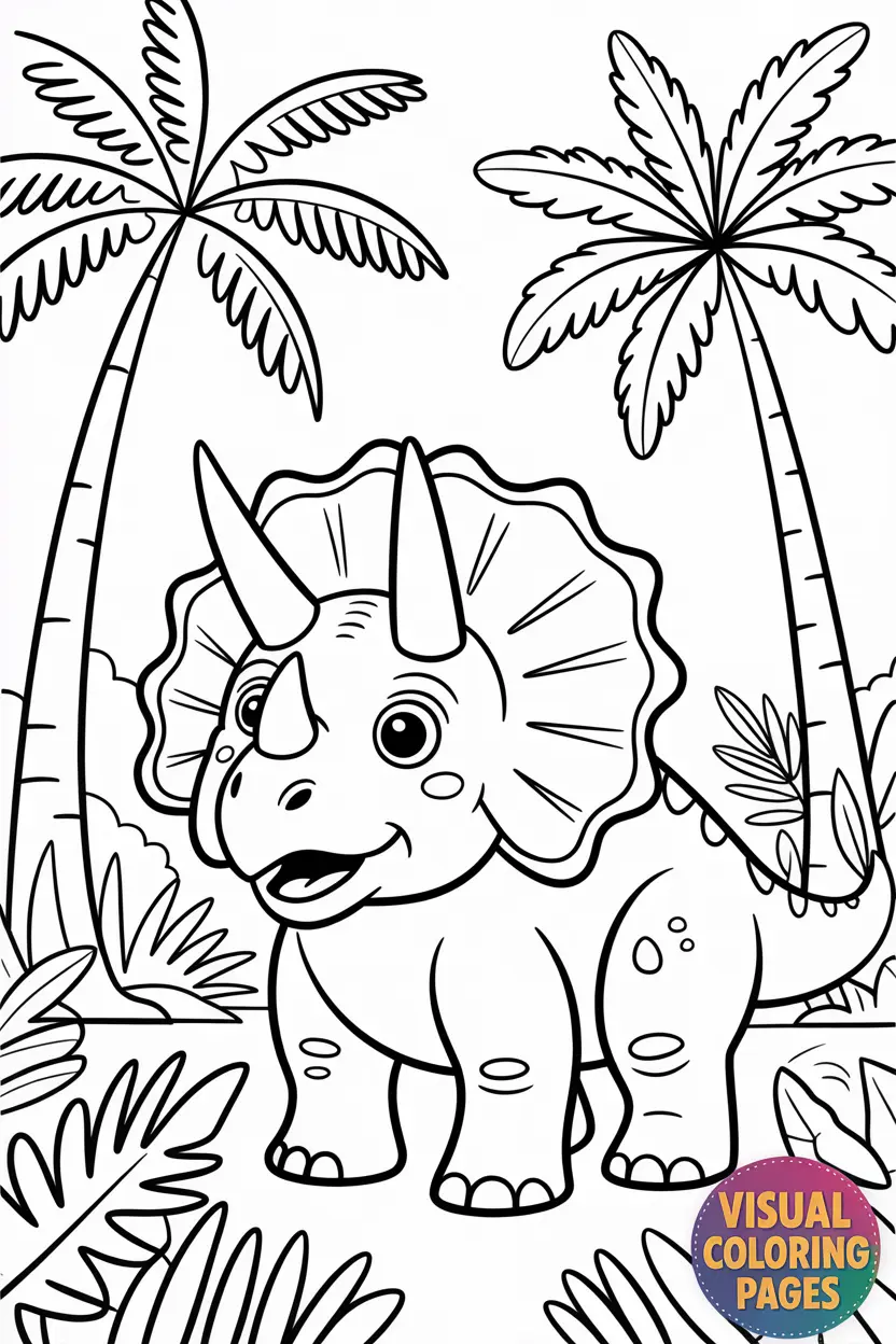 triceratops in a jungle with palm trees and ferns