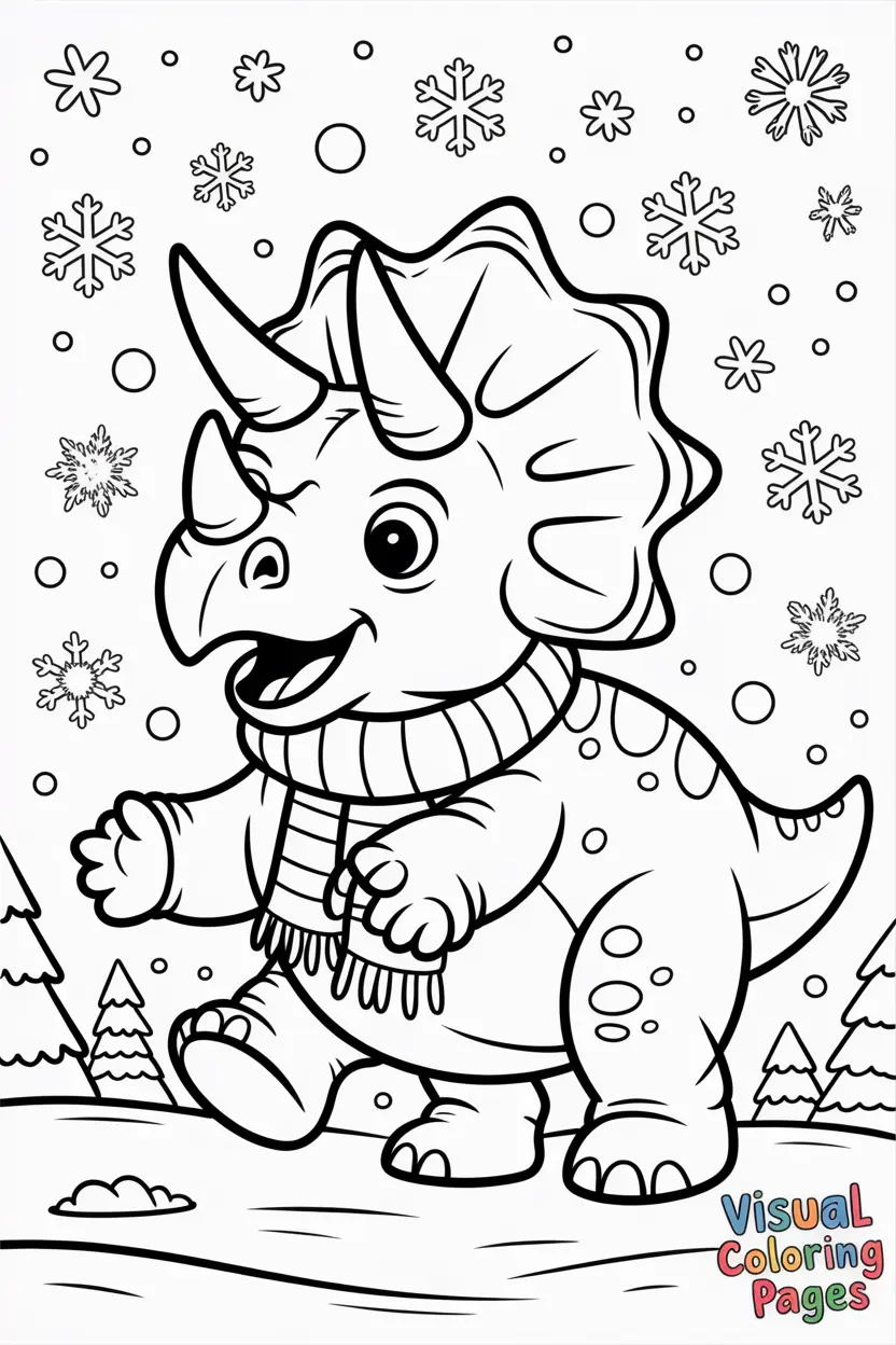 triceratops in winter wearing a scarf and hat