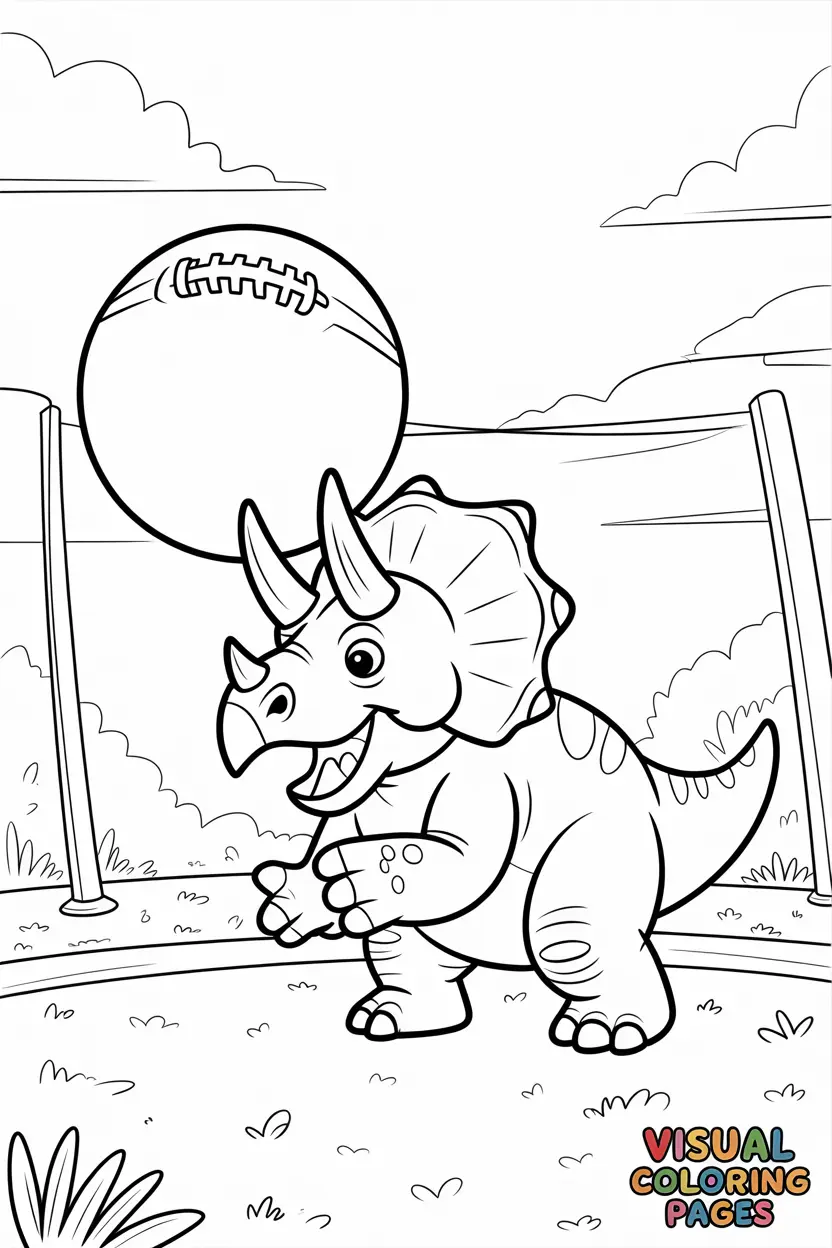 triceratops playing football with a giant ball