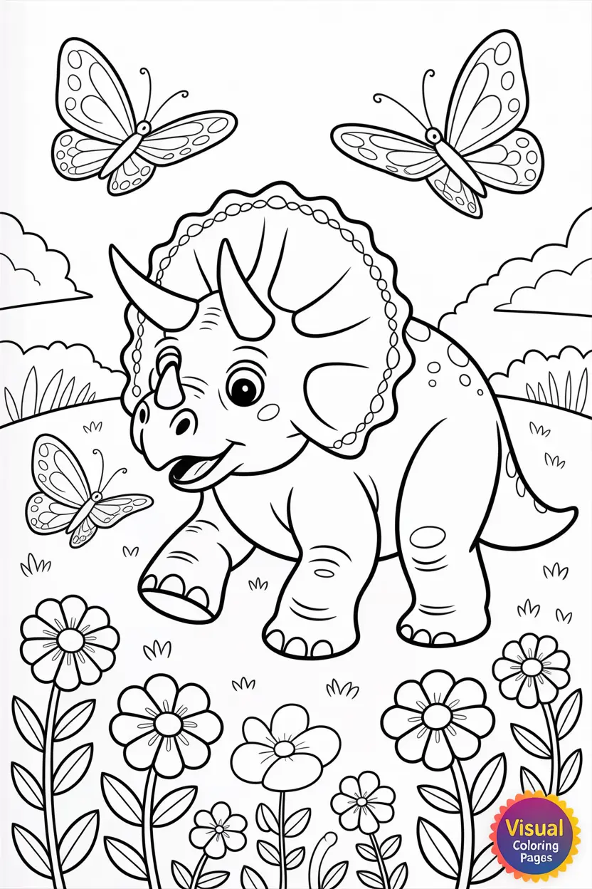 triceratops playing with butterflies in a flower field