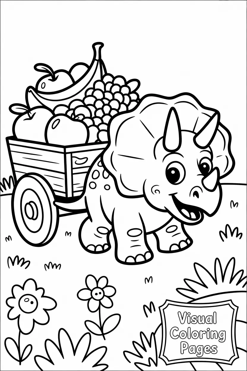 triceratops pulling a small cart of fruits apples bananas berries