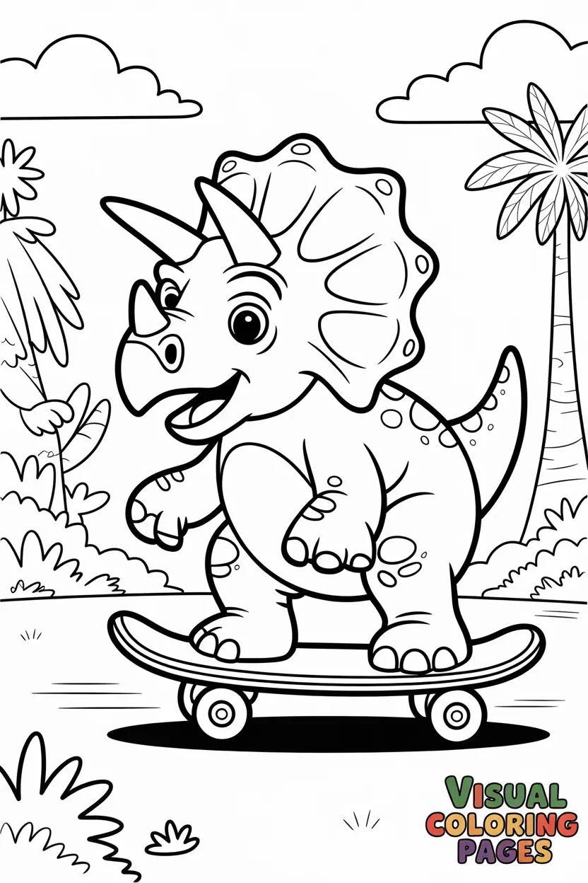 triceratops riding a skateboard with a cool smile