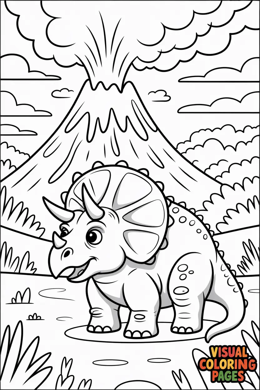triceratops sitting near a volcano with smoke coming out