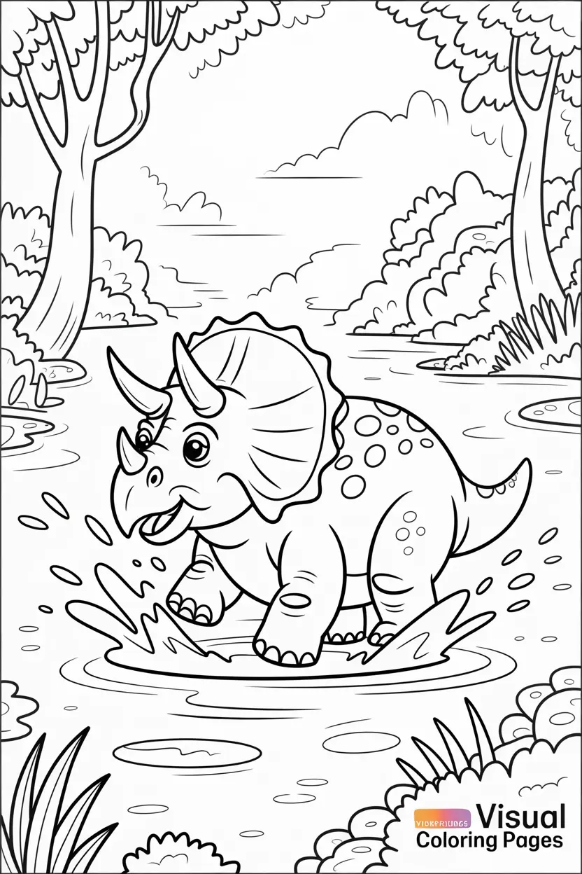 triceratops splashing in a pond playful scene