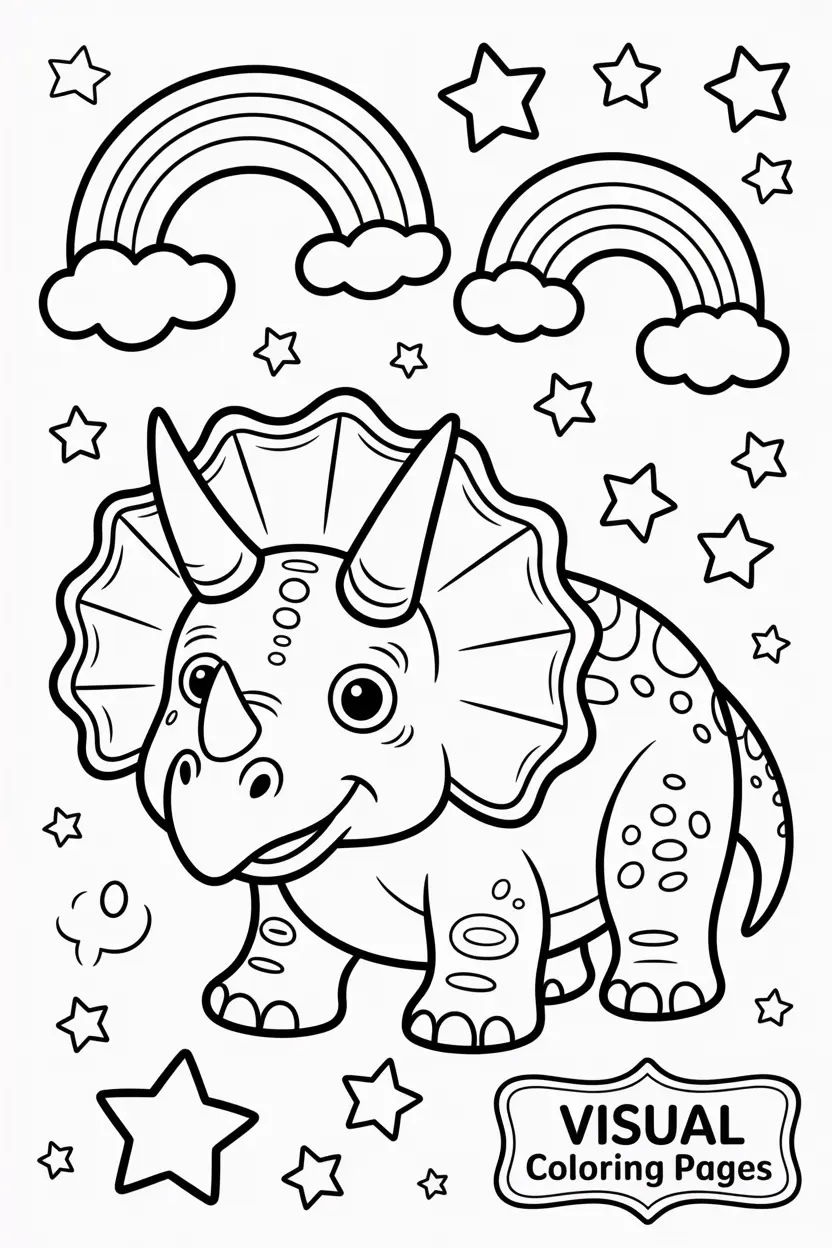 triceratops surrounded by stars and rainbows