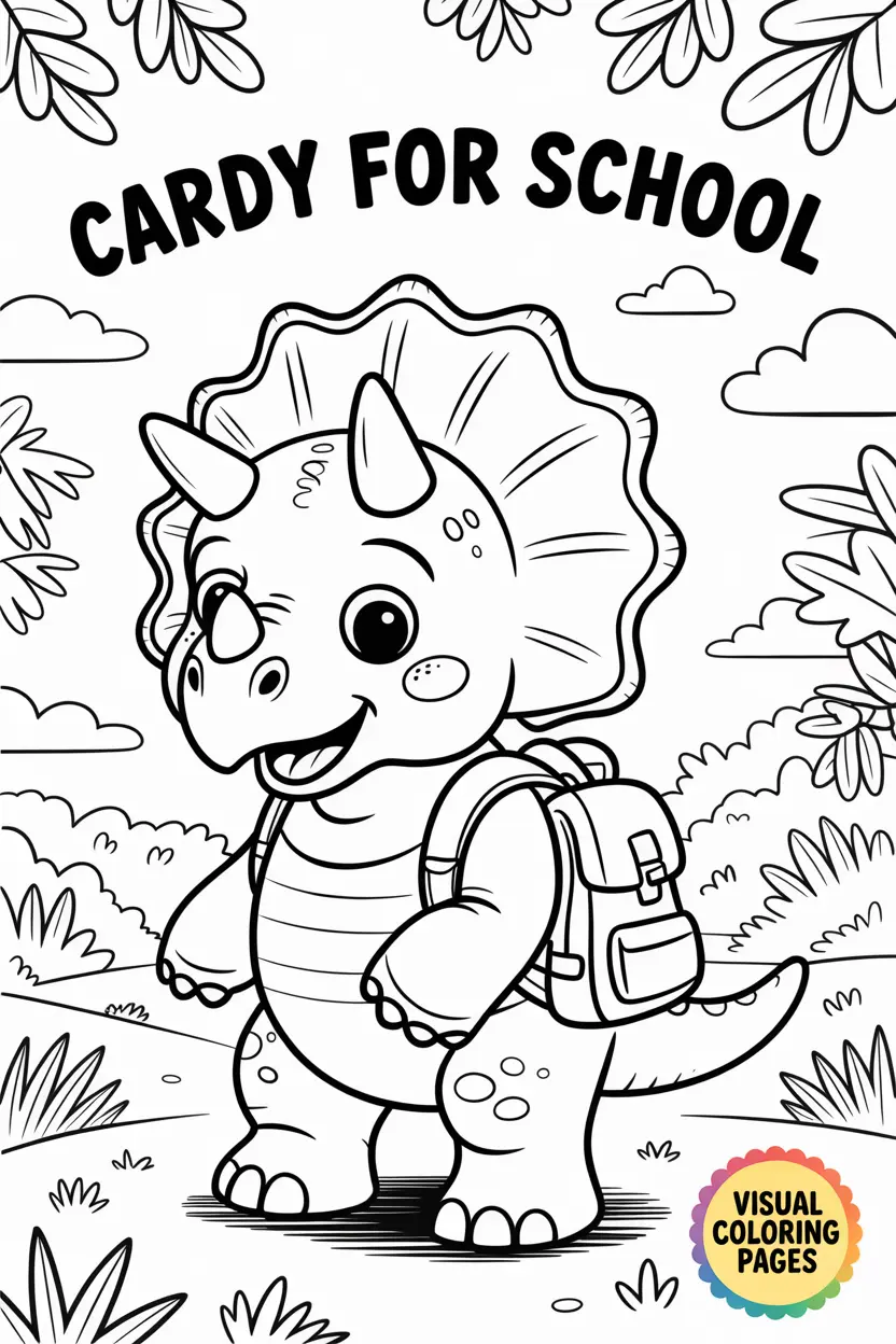 triceratops wearing a backpack ready for school