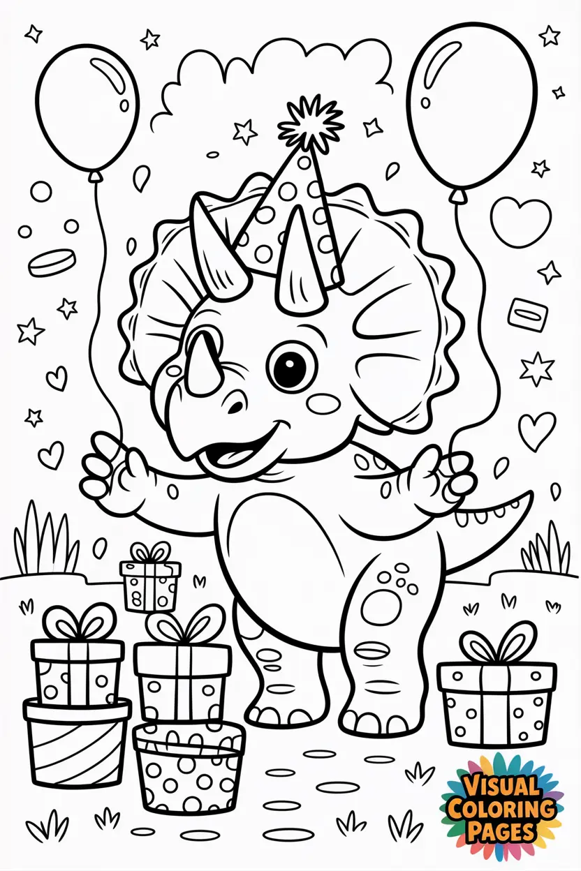 triceratops wearing a party hat with balloons and gifts