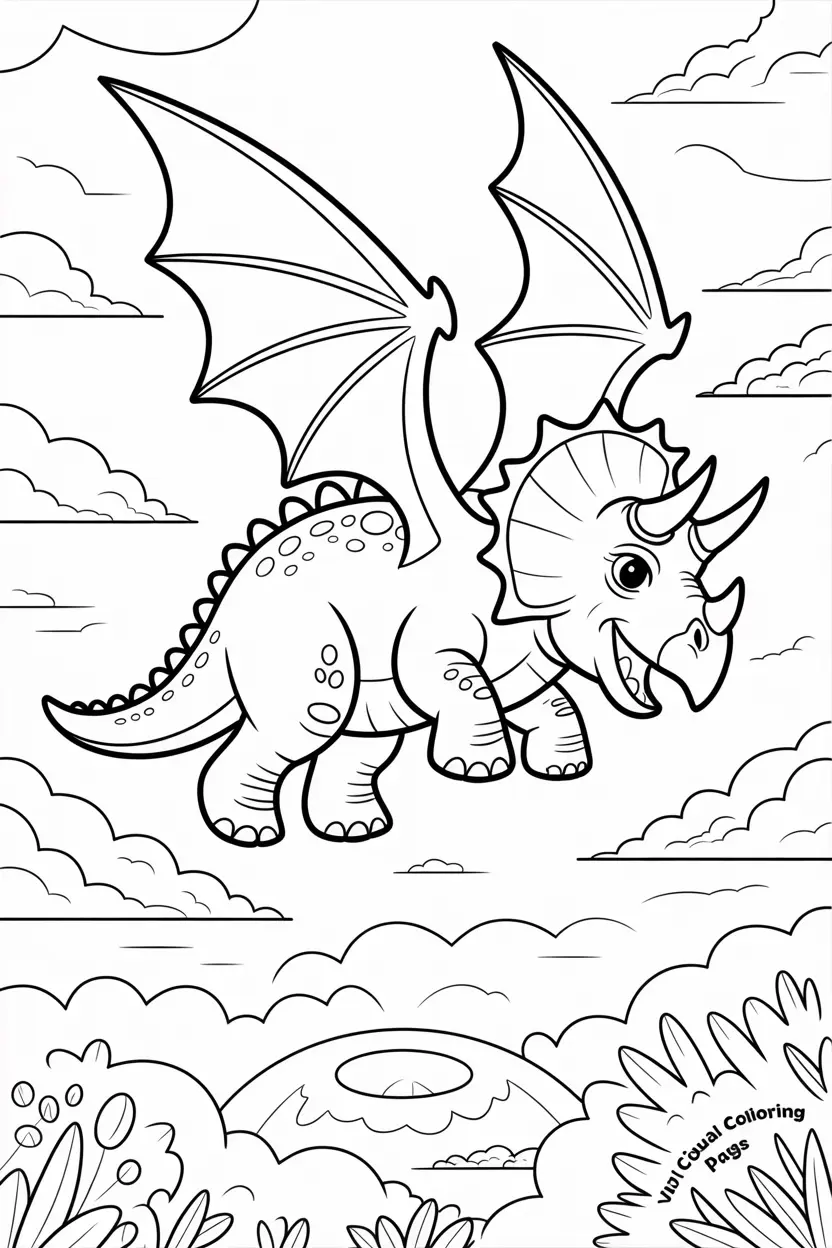 triceratops with dragon wings flying in the sky
