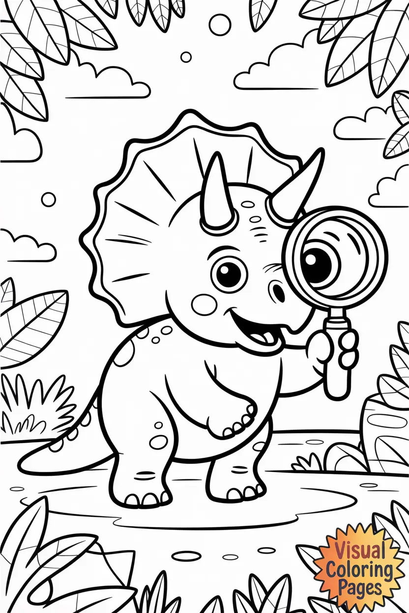 triceratops with magnifying glass exploring like a scientist