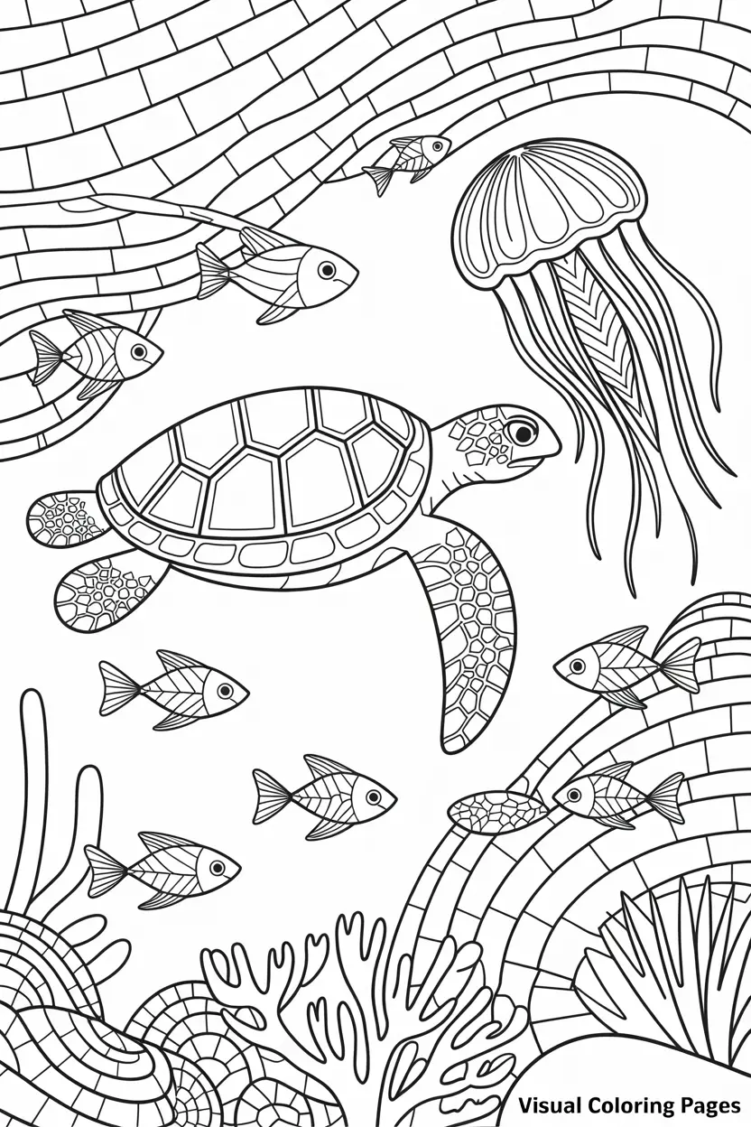 turtle jellyfish and fish under the sea mosaic