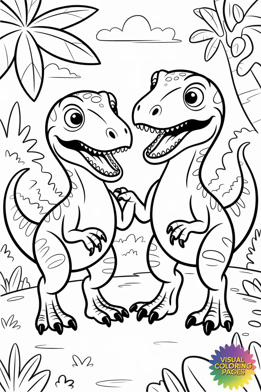 two friendly velociraptors playing together like best friends