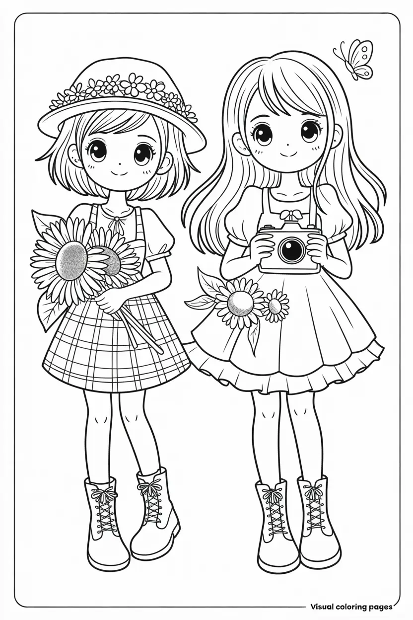 two girls with flowers and a camera cottagecore coloring page
