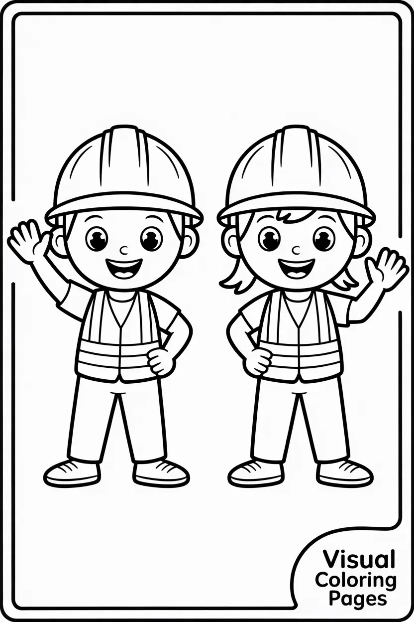 two happy construction workers wearing helmets and waving